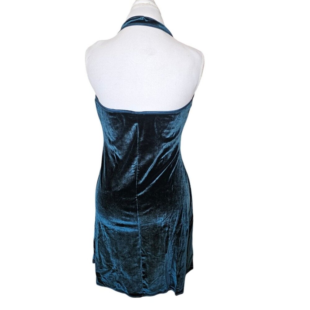 90s Womens Medium‎ Velvet Halter Mini Dress Dark Green Stretchy Party Formal - Picture 6 of 10